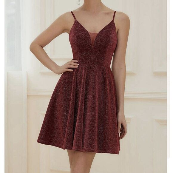 NWT Ever Pretty Fancy Shiny Deep V Neck Above Knee Prom Dress Burgundy 3XL - Picture 1 of 16